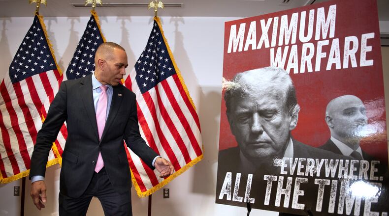 House Minority Leader Hakeem Jeffries, D-N.Y., speaks about Virginia's redistricting vote, at the Democratic National Committee headquarters in Washington, Wednesday, April 22, 2026. (AP Photo/Cliff Owen)