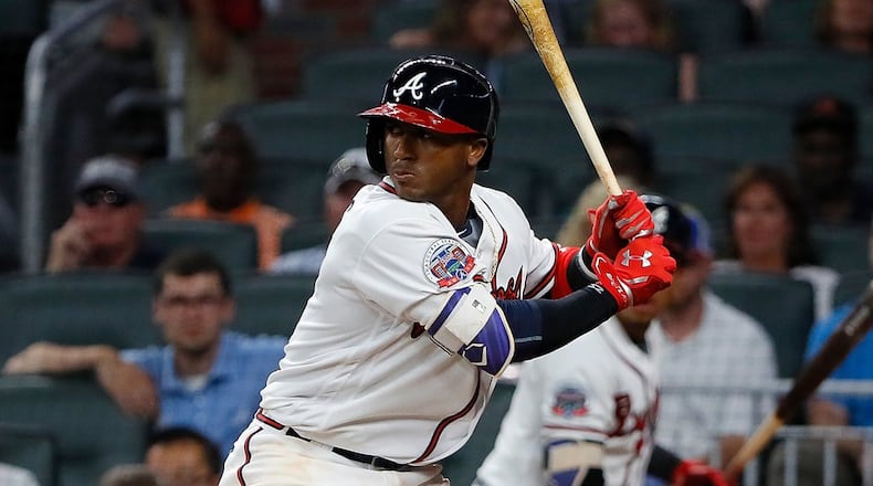 Ozzie Albies of the Braves makes his MLB debut as he bats during the eighth inning against the Los Angeles Dodgers at SunTrust Park on August 1, 2017 in Atlanta. (Photo by Kevin C. Cox/Getty Images)