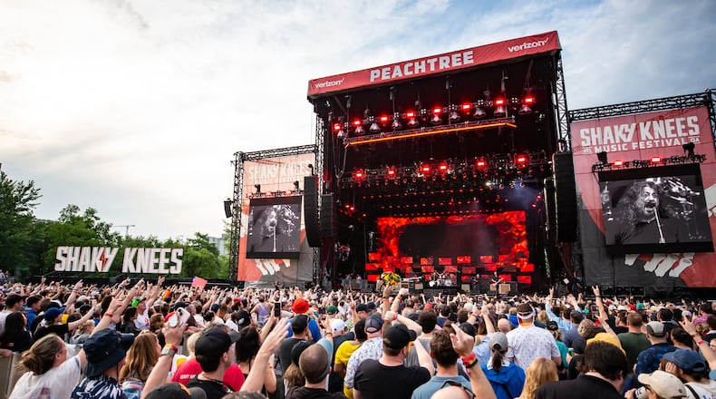 Foo Fighters closed out Shaky Knees 2024 on Sunday night with extended versions of their biggest hits. Photo taken Saturday May 5, 2024 at Central Park. (RYAN FLEISHER FOR THE ATLANTA JOURNAL-CONSTITUTION)