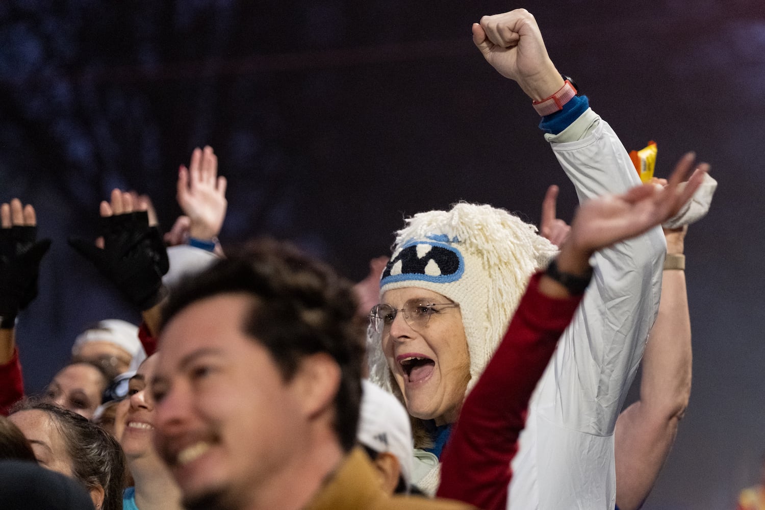 Traci Burrell cheers before the start of the Polar Opposite Peachtree Road Race on Saturday, Jan. 3, 2026, in Atlanta. (Ben Gray for the AJC)