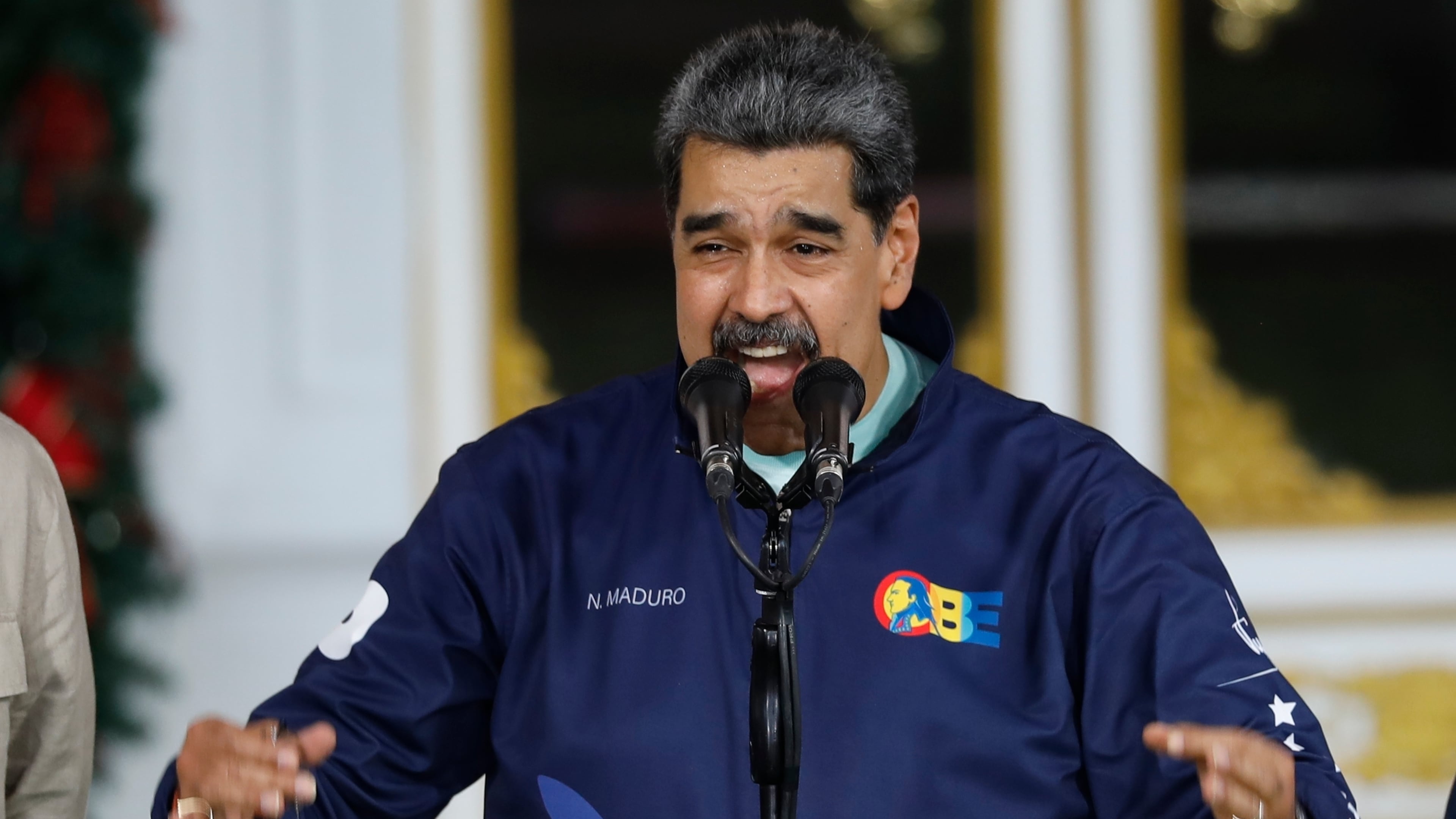 Venezuelan President Nicolas speaks during a Student Day event at the Miraflores presidential palace in Caracas, Venezuela, Friday, Nov. 21, 2025. (AP Photo/Cristian Hernandez)