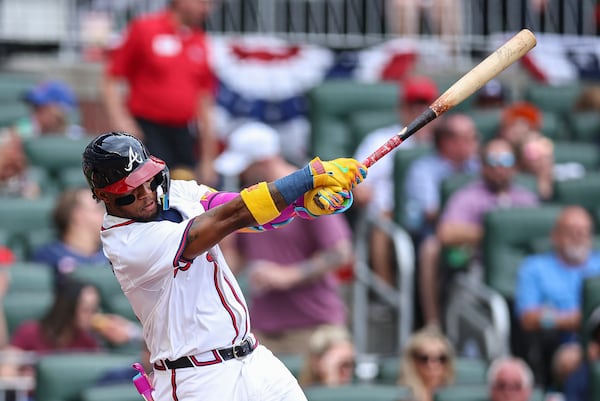 Braves right fielder Ronald Acuña Jr. swings at a pitch during a game against the San Diego Padres on Sunday, May 25, 2025, in Atlanta. Aside from his two ACL tears, the 27-year-old has dealt with a variety of injuries. (Colin Hubbard/AP)