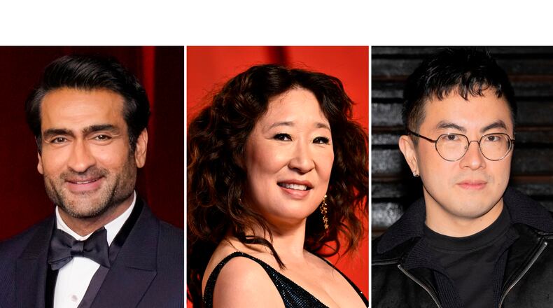 This combination of images shows actors, from left, Kumail Nanjiani, Sandra Oh, and Bowen Yang. (AP Photo)