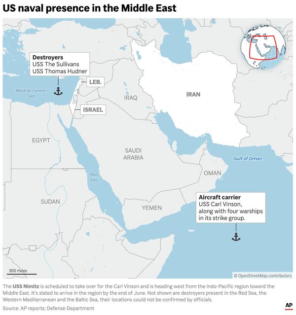 The map above shows the locations of U.S. naval ships in the Middle East (AP Graphic)