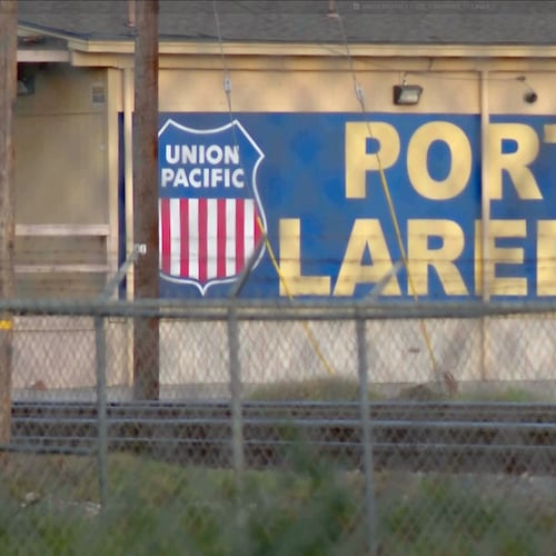 FILE - In this image taken from video footage provided by KGNS, Union Pacific signage is displayed at a rail yard in Laredo, Texas, May 10, 2026. (KGNS via AP, File)