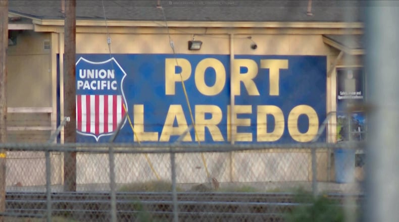FILE - In this image taken from video footage provided by KGNS, Union Pacific signage is displayed at a rail yard in Laredo, Texas, May 10, 2026. (KGNS via AP, File)