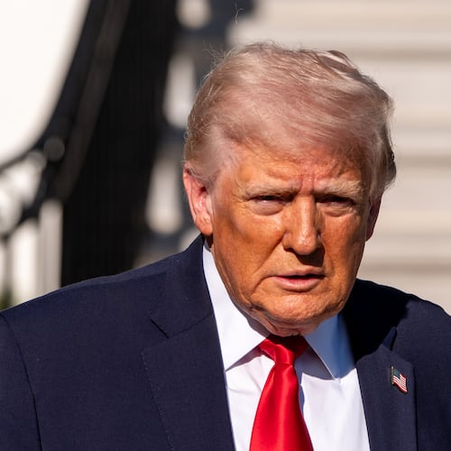 President Donald Trump speaks with reporters before departing on Marine One from the South Lawn of the White House, Saturday, April 11, 2026, in Washington. (AP Photo/Alex Brandon)