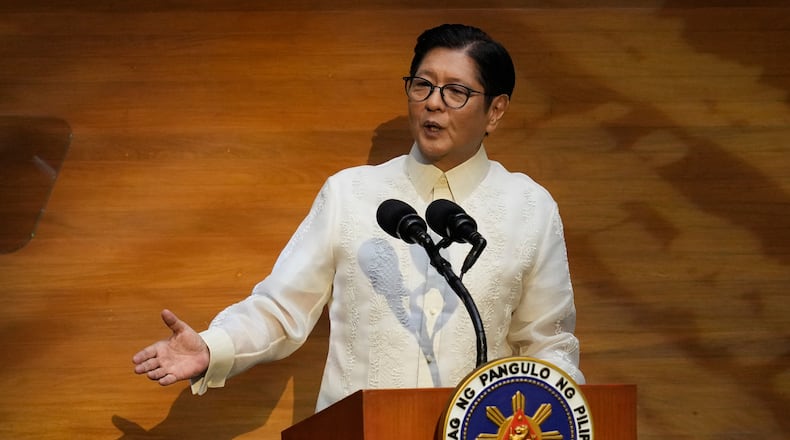 Philippine President Ferdinand Marcos Jr. delivers his 5th State of the Nation Address at the House of Representatives on Monday July 27, 2026 in Quezon city, Philippines. (AP Photo/Aaron Favila)