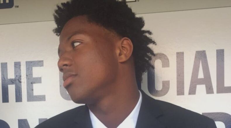 Ronald Acuna speaks with the media Sept. 15 at SunTrust Park. Acuna won Double-A Mississippi Braves Player of the Year. (Gabriel Burns / AJC)