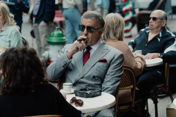 Dwight Manfredi (played by Sylvester Stallone) visits his New York mafioso buddies in the first episode of Season 3 of "Tulsa King." (Atsushi Nishijima/Courtesy of Paramount+.)
