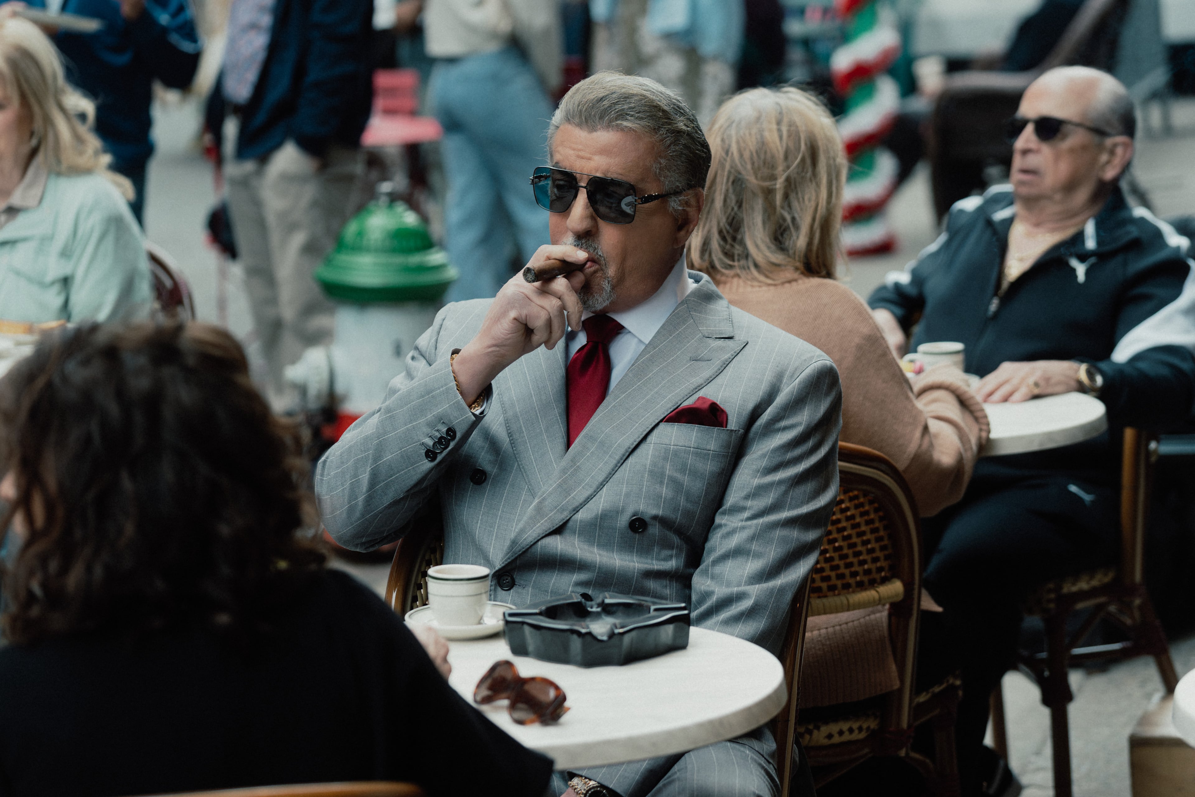Dwight Manfredi (played by Sylvester Stallone) visits his New York mafioso buddies in the first episode of Season 3 of "Tulsa King." (Atsushi Nishijima/Courtesy of Paramount+.)