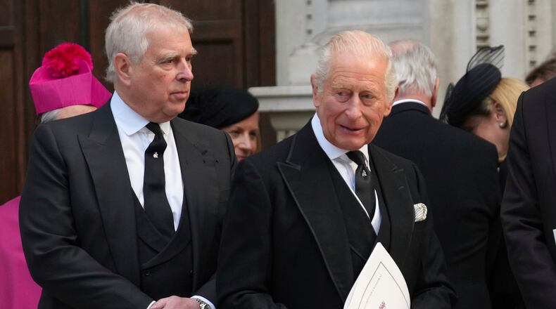 FILE - Britain's Prince Andrew, left, and Britain's King Charles III leave after the Requiem Mass service for the Duchess of Kent at Westminster Cathedral in London, Tuesday, Sept. 16, 2025. (AP Photo/Joanna Chan, File)
