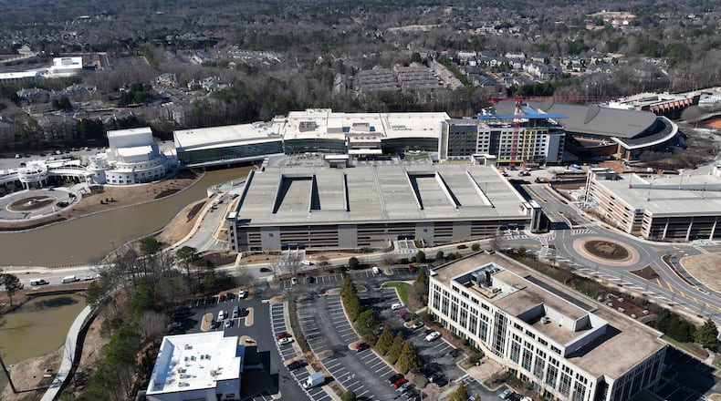 Aerial view of Gas South Convention Center, where renovation of the older existing convention center is nearly completed, on Gas South District Friday, Jan. 27, 2023, in Duluth. The 118-acre campus expansion and renovation also includes acres of green space, including a gorgeous new Gateway Park, located at the corner of Satellite and Sugarloaf Parkway. (Hyosub Shin / Hyosub.Shin@ajc.com)