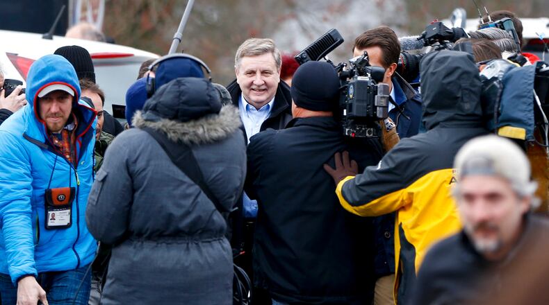 Republican Rick Saccone ,Tuesday, March 13, 2018 in McKeesport, Pa. Saccone is running against Democrat Conor Lamb in a special election being held for the PA 18th Congressional District vacated by Republican Tim Murphy. (AP Photo/Keith Srakocic)