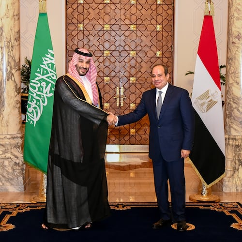 In this photo provided by the Egyptian Presidential Press Office, Saudi Crown Prince Mohammed bin Salman, left, and Egyptian President Abdel-Fattah el-Sissi, shake hands at the Presidential Palace in Cairo, Egypt, Tuesday, Sept. 15, 2026. (Egyptian Presidential Press Office via AP)
