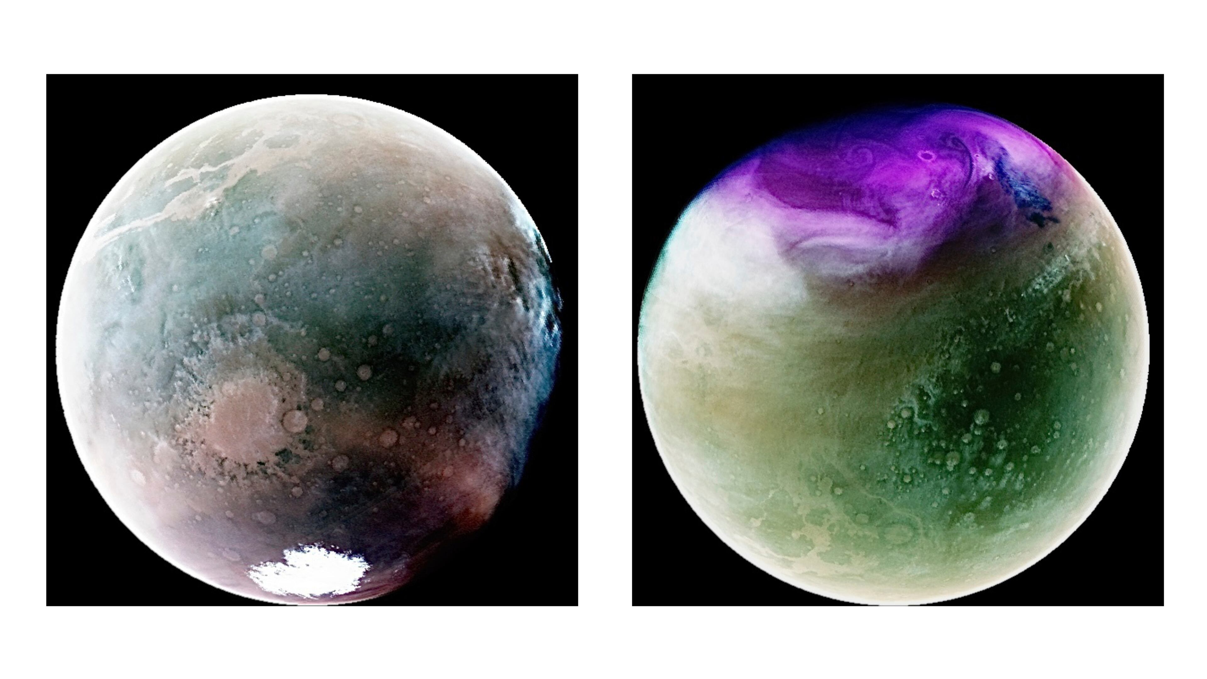 This combination of ultraviolet spectrum images provided by NASA shows atmospheric features of the planet Mars in July 2022, left, during the southern hemisphere’s summer season, and the planet’s northern hemisphere in January 2023 after Mars had passed the farthest point in its orbit from the Sun, captured by the MAVEN (Mars Atmosphere and Volatile EvolutioN) spacecraft. (NASA/LASP/CU Boulder via AP)