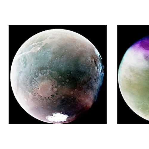 This combination of ultraviolet spectrum images provided by NASA shows atmospheric features of the planet Mars in July 2022, left, during the southern hemisphere’s summer season, and the planet’s northern hemisphere in January 2023 after Mars had passed the farthest point in its orbit from the Sun, captured by the MAVEN (Mars Atmosphere and Volatile EvolutioN) spacecraft. (NASA/LASP/CU Boulder via AP)