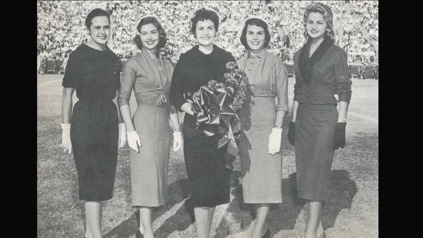 The 1958 University of Georgia homecoming court (from left to right): Nancy Jackson, Lillian McCurley, Sandra Thompson Valdes, Jane Chastain and Nancy McLean. Photo Credit: University of Georgia.