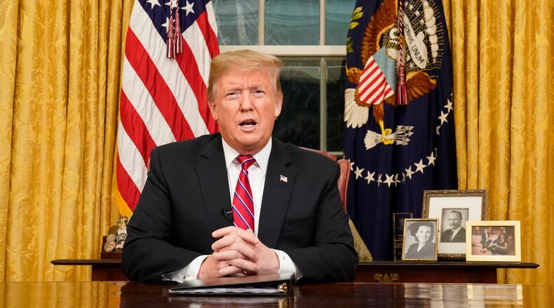 President Donald Trump addresses the nation about border security, on the 18th day of the government shutdown, from the Oval Office of the White House in Washington, Jan. 8, 2019. (Carlos Barria/Pool via The New York Times) -- FOR EDITORIAL USE ONLY --