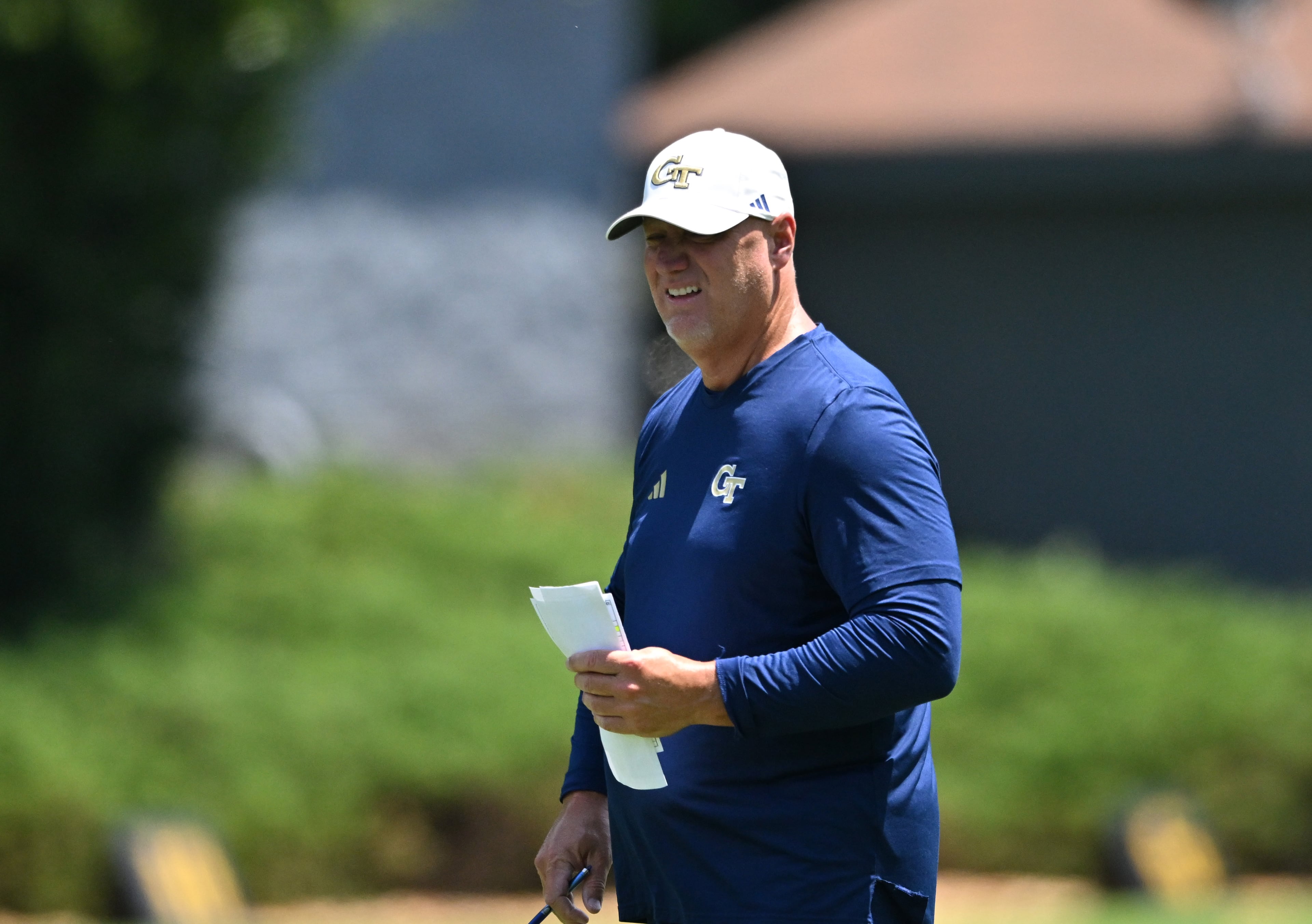 Georgia Tech offensive coordinator Buster Faulkner watches during the first day of football practice at Rose Bowl Field and the Mary and John Brock Football Practice Facility, Tuesday, July 29, 2025, in Atlanta. (Hyosub Shin / AJC)