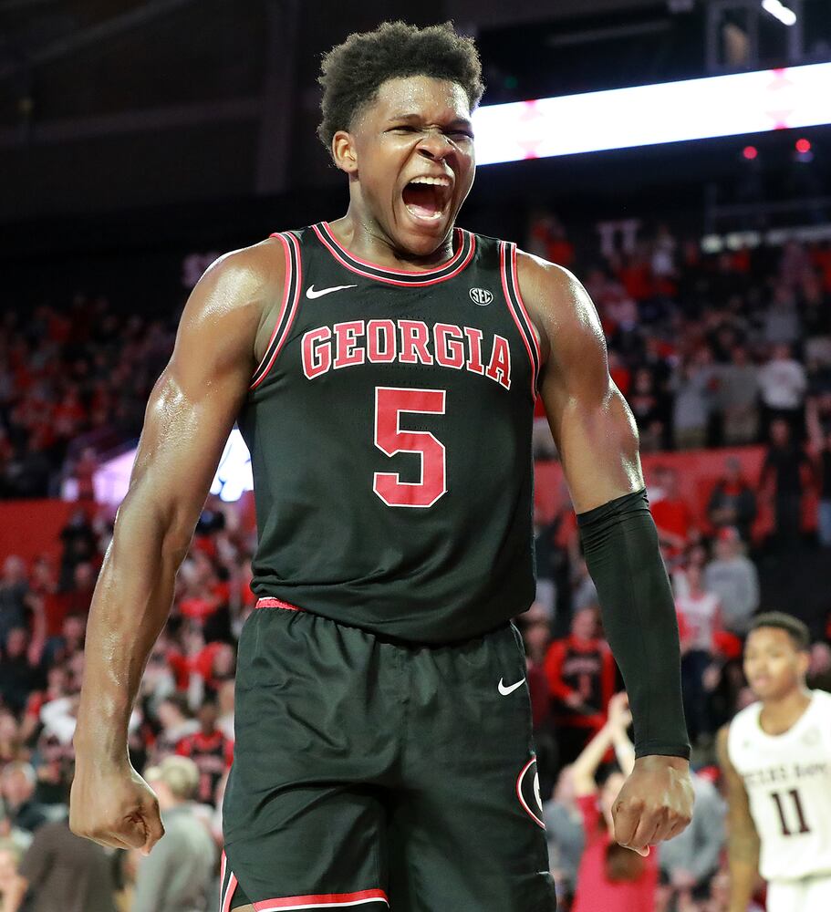 Feb. 1, 2020 Athens: Georgia guard Anthony Edwards reacts to his break away slam dunk after making a steal from Texas A&M in the final minutes of a 63-48 Georgia victory in a NCAA college basketball game on Saturday, Feb. 1, 2020, in Athens.   Curtis Compton ccompton@ajc.com