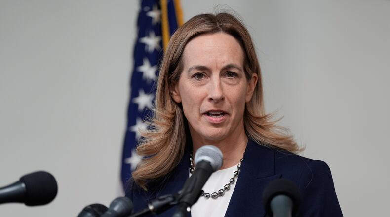 FILE - New Jersey Governor-elect Mikie Sherrill talks to reporters during a news conference in Trenton, N.J., Nov. 5, 2025. (AP Photo/Seth Wenig, File)
