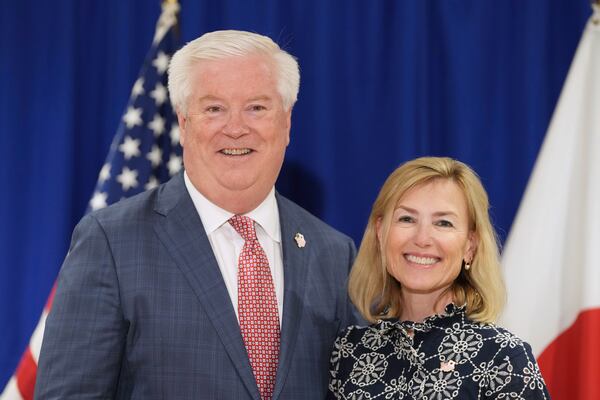 New U.S. Ambassador to Japan George Glass and his wife Mary pose for the media at a press conference after their arrival in Tokyo Friday, April 18, 2025. (Kazuhiro Nogi/Pool Photo via AP)