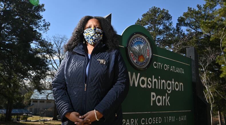 CJ Jackson, chair of The Conservancy at Historic Washington Park, at the park in Atlanta. (Hyosub Shin / Hyosub.Shin@ajc.com)