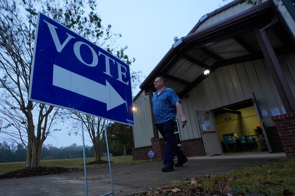FILE - A voter leaves a polling location after voting Tuesday, Nov. 5, 2024 in Rutledge, Ga. (AP Photo/John Bazemore, File)