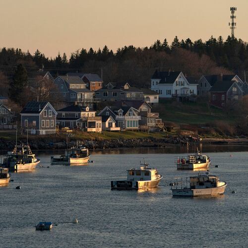 FILE - Lobster boats sit at their moorings in Jonesport, Maine, April 28, 2023. (AP Photo/Robert F. Bukaty, files)