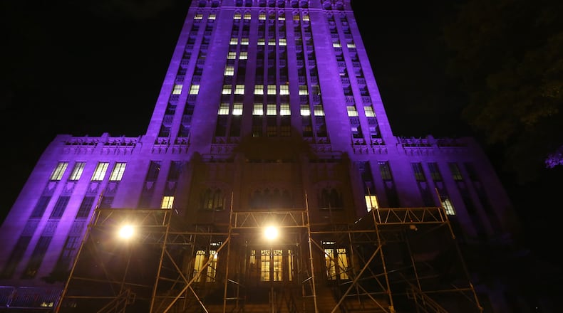 April 22, 2016 Atlanta: Atlanta City Hall is lit in purple in remembrance of Prince on Friday night April 22, 2016. Ben Gray / bgray@ajc.com