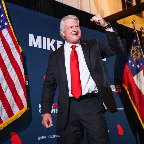 U.S. Senate candidate Mike Collins celebrates during an election-night watch party after winning the Republican nomination, Tuesday, June 16, 2026, in Jackson, Ga. (AP Photo/Colin Hubbard)