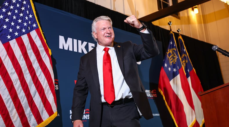 U.S. Senate candidate Mike Collins celebrates during an election-night watch party after winning the Republican nomination, Tuesday, June 16, 2026, in Jackson, Ga. (AP Photo/Colin Hubbard)