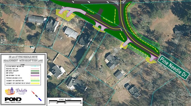 One of several options available for review to improve the intersection of Pine Needle Drive at Ga. 120 in Duluth. This one would realign Pine Needle Drive at Ga. 120 to a 90 degree intersection. (Courtesy City of Duluth)