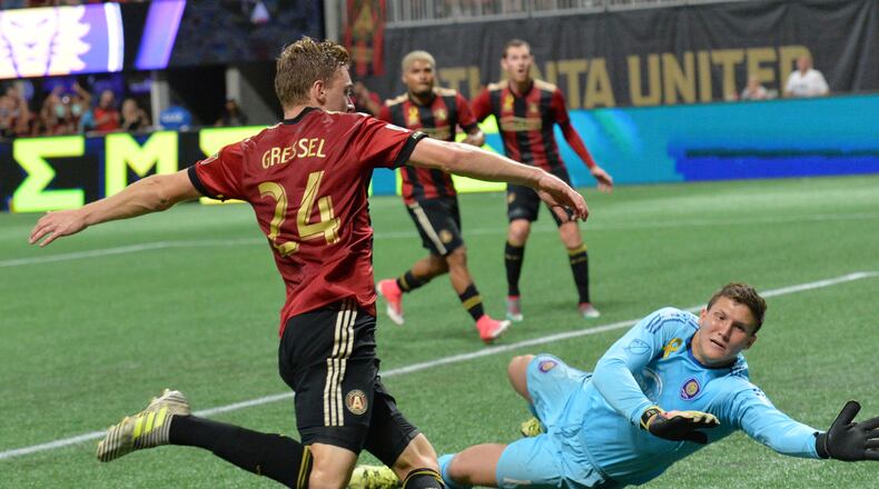 September 16, 2017 Atlanta - Atlanta United defender Julian Gressel (24) scores past Orlando City SC goalkeeper Joseph Bendik (1) in the first half of an MLS soccer match at the Mercedes-Benz Stadium on Saturday, September 16, 2017. HYOSUB SHIN / HSHIN@AJC.COM