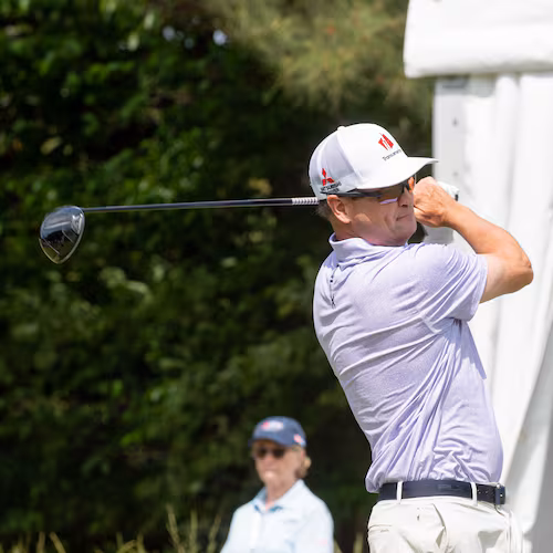 Zach Johnson tees off on Friday during the first round of the Mitsubishi Electric Classic at TPC Sugarloaf in Duluth. Johnson scored 15 points to take the first-round lead, April 24, 2026. (Courtesy/David King)