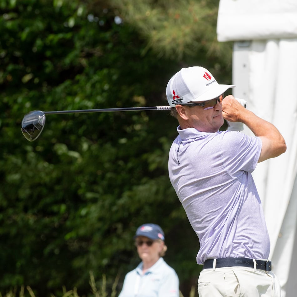 Zach Johnson tees off on Friday during the first round of the Mitsubishi Electric Classic at TPC Sugarloaf in Duluth. Johnson scored 15 points to take the first-round lead, April 24, 2026. (Courtesy/David King)