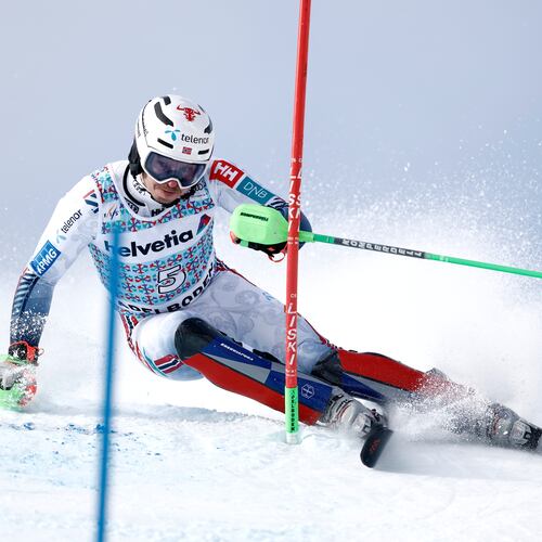 Norway's Henrik Kristoffersen speeds down the course during an alpine ski, men's World Cup slalom, in Adelboden, Switzerland, Sunday, Jan. 11, 2026. (AP Photo/Gabriele Facciotti)