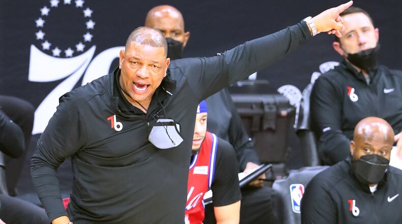 Philadelphia 76ers head coach Doc Rivers coaches his team against the Atlanta Hawks in Game 1 of their NBA Eastern Conference semifinals series on Sunday, Jun 6, 2021, in Philadelphia. Curtis Compton / Curtis.Compton@ajc.com