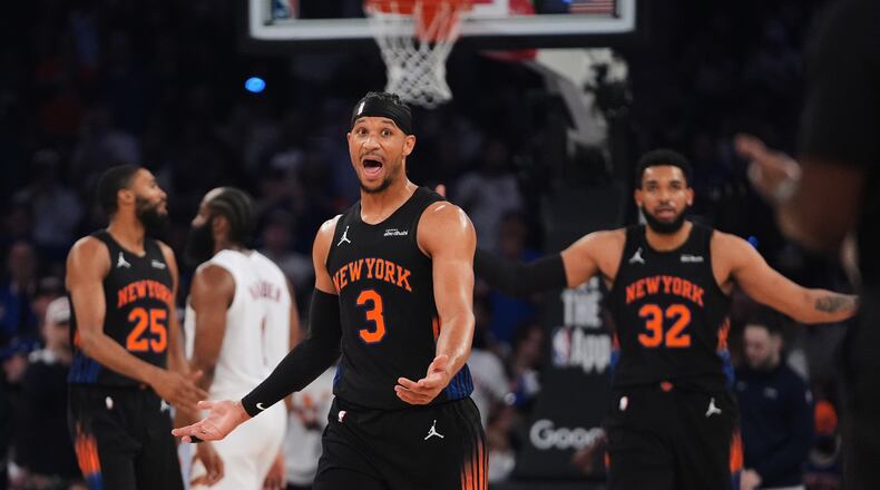 New York Knicks' Josh Hart (3) argues for a call with an official during the first half of Game 2 in the Eastern Conference finals NBA basketball playoffs series against the Cleveland Cavaliers, Thursday, May 21, 2026, in New York. (AP Photo/Frank Franklin II)