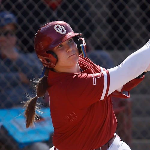 Sooners catcher Kendall Wells' 34th home run ties No. 1 Oklahoma’s program record for the most home runs in a year, with six games still to play. (Mike Buscher/AP)