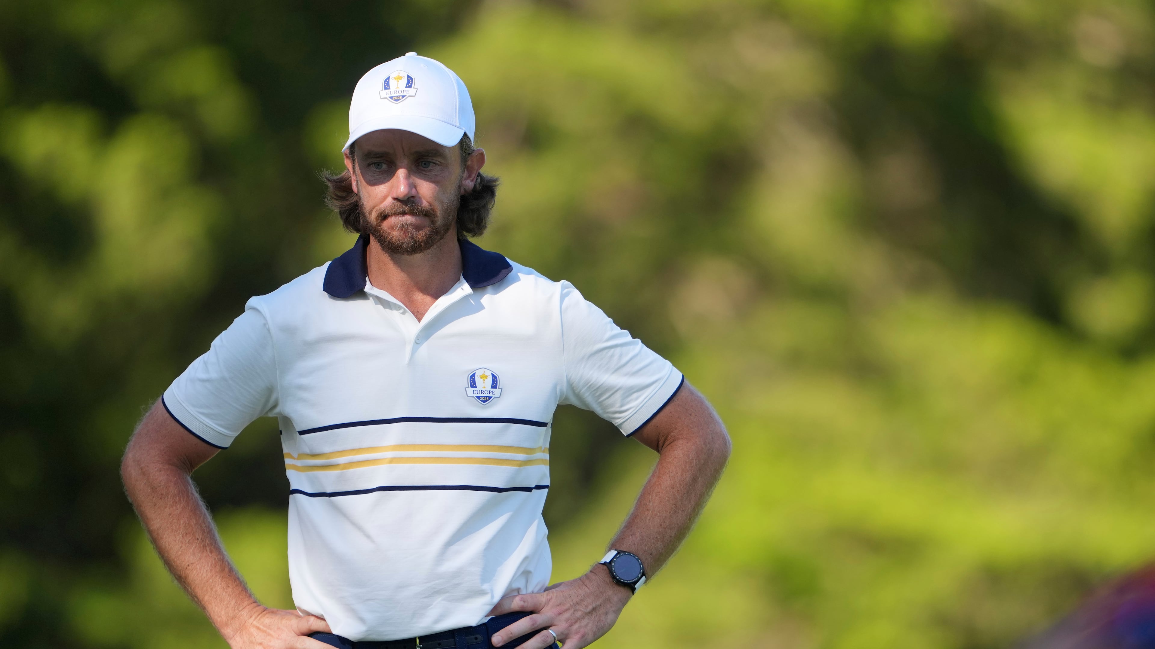 Europe's Tommy Fleetwood waits to play on the 13th hole during their singles match on the Bethpage Black golf course at the Ryder Cup golf tournament, Sunday, Sept. 28, 2025, in Farmingdale, N.Y. (AP Photo/Lindsey Wasson)