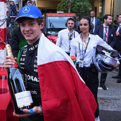 Mercedes driver Andrea Kimi Antonelli, of Italy, reacts after winning the Formula One Monaco Grand Prix race at the Monaco racetrack, Sunday, June 7, 2026. (AP Photo/Fatima Shbair)