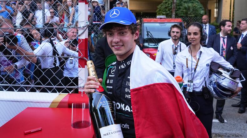 Mercedes driver Andrea Kimi Antonelli, of Italy, reacts after winning the Formula One Monaco Grand Prix race at the Monaco racetrack, Sunday, June 7, 2026. (AP Photo/Fatima Shbair)