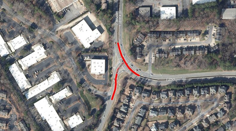 Gwinnett plans to realign the right turn lane for traffic traveling from Medlock Bridge onto North Peachtree Street in Norcross. Construction will also include replacing the existing signal with a traffic signal with mast arms. (Courtesy Gwinnett County)