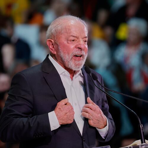 FILE - Brazil's President Luiz Inacio Lula da Silva delivers his speech during the Global Progressive Mobilization summit in Barcelona, Spain, April 18, 2026. (AP Photo/Joan Monfort, File)
