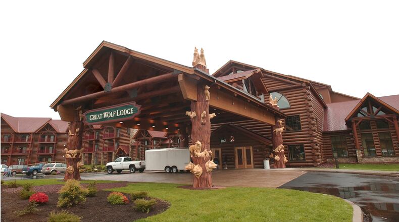 The Great Wolf Lodge's Poconos location carries on the mountain lodge theme throughout the property's decor.