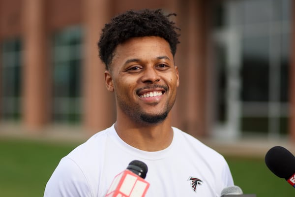 Falcons kick returner Jamal Agnew, here speaking to the media during OTAs in May, was All-Pro as a punt returner in 2017 and was a Pro Bowl returner in 2023. (Jason Getz/AJC)