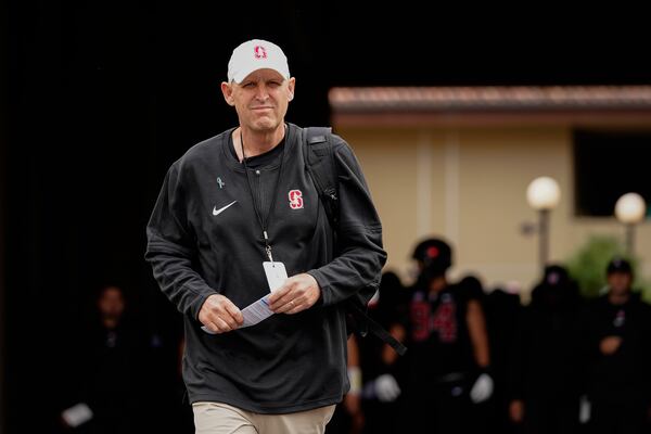 FILE - Stanford head coach Troy Taylor takes the field before an NCAA college football game against Oregon on Saturday, Sept. 30, 2023, in Stanford, Calif. (AP Photo/Godofredo A. Vásquez, File)
