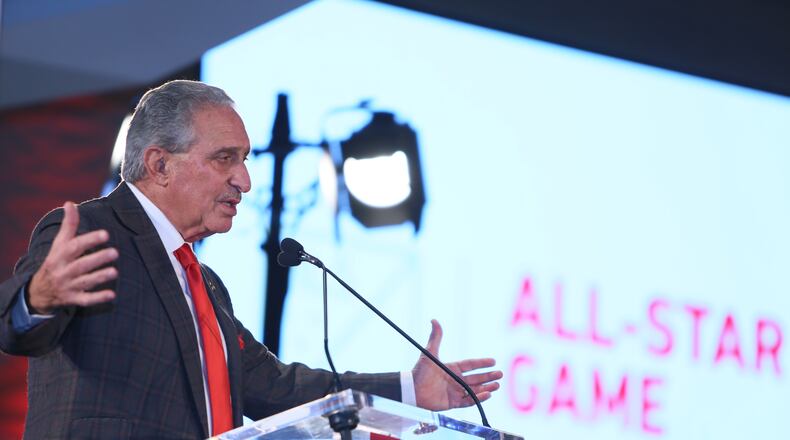 October 23, 2017.     Atlanta United Owner Arthur Blank,  r speaks during a press conference ware Atlanta was selected to host the 2018 MLS All Star game at the Mercedes-Benz stadium on Monday 23, 2017.